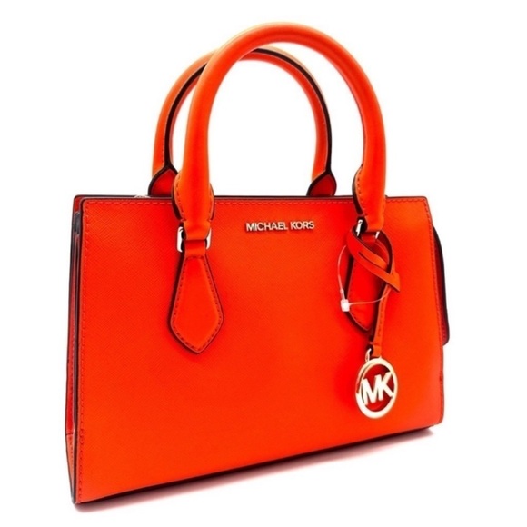 Michael Kors Sheila Small Center Zip Satchel Shoulder Crossbody Bag Orange/Gold - Picture 3 of 11